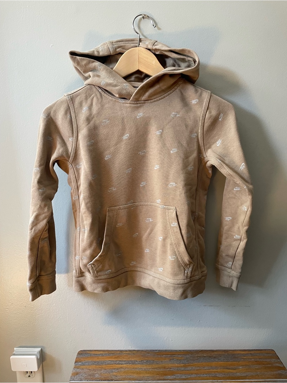 Nike Kids' Tan Hoodie with Micro Swoosh Print - size s